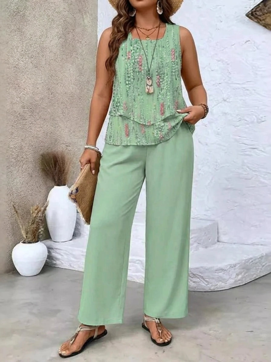 Ovelynra™ | Sleeveless Top And Wide-Leg Pants Set - Plus size model