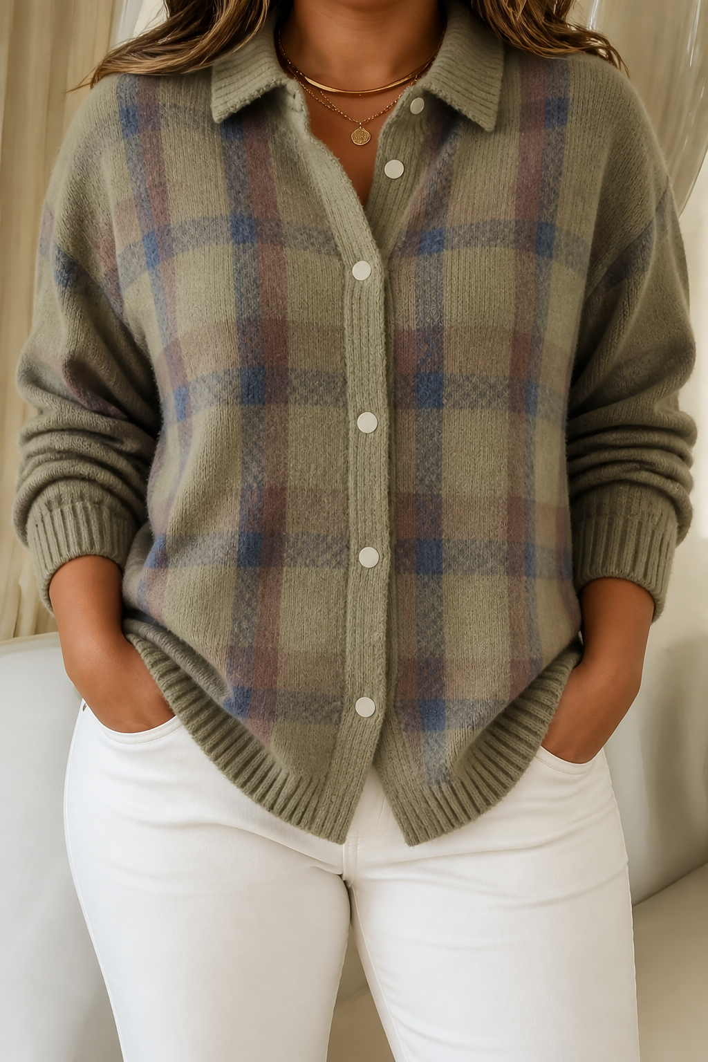 Taylor | Cozy Checked Knit Cardigan - Plus size model