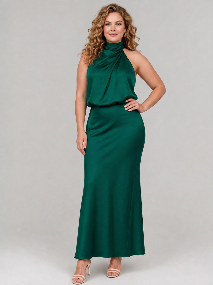 Nopal | Sleeveless Draped Neck Midi Dress - Plus size model