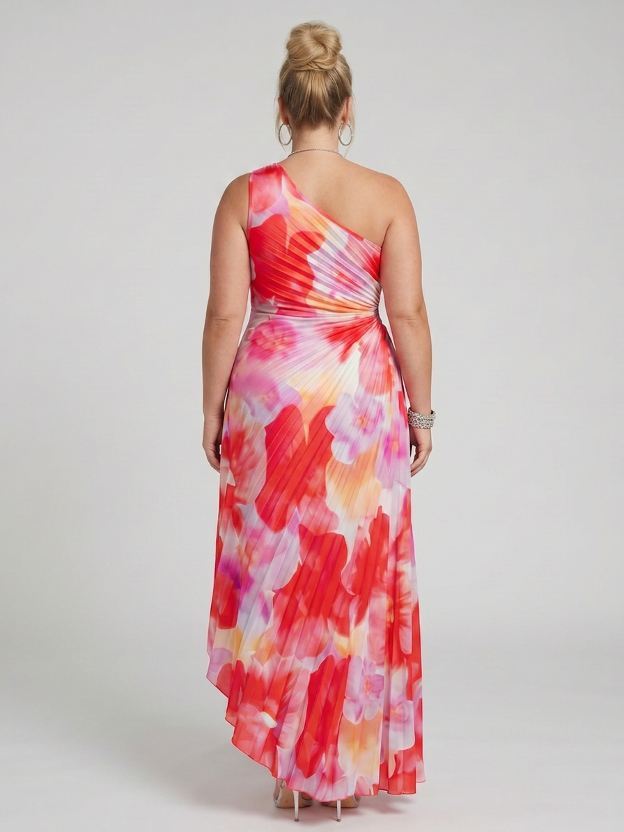 Taya | One Shoulder Pleated Bodice Midi Dress - Plus size model