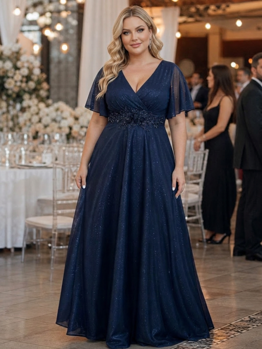 Orelia | Short Sleeve V Neck Flowing Maxi Dress - Plus size model