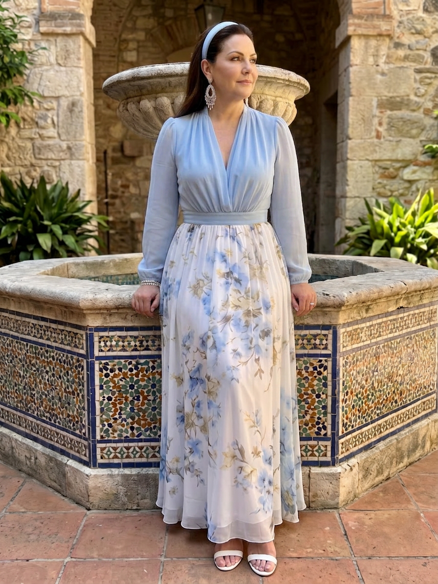 Augusta | V Neck Sheer Bodice Floral Maxi Dress - Plus size model