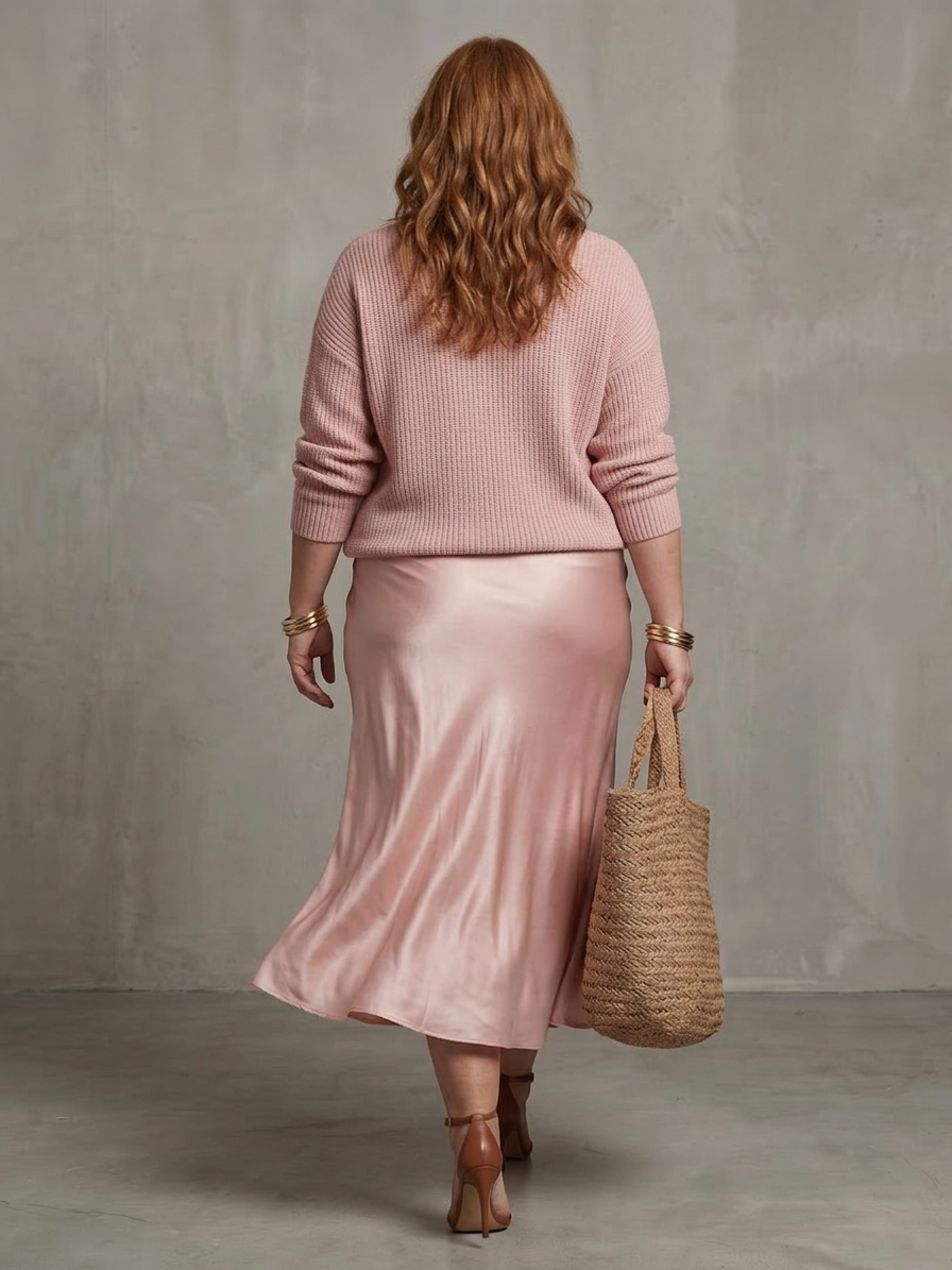 Luciana | Bias Fall Satin Skirt Knit Layer Set - Plus size model