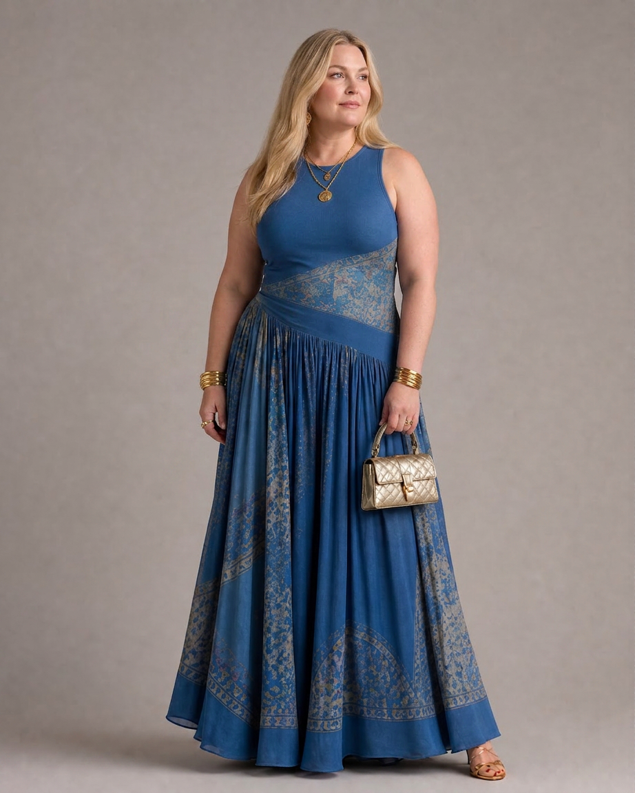 Velisse | Sleeveless Printed Bodice And Flowing Maxi Skirt Set - Plus size model