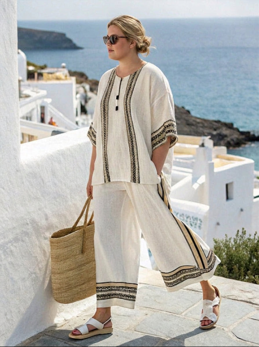 Calista | Embroidered Coastal Linen Set - Plus size model
