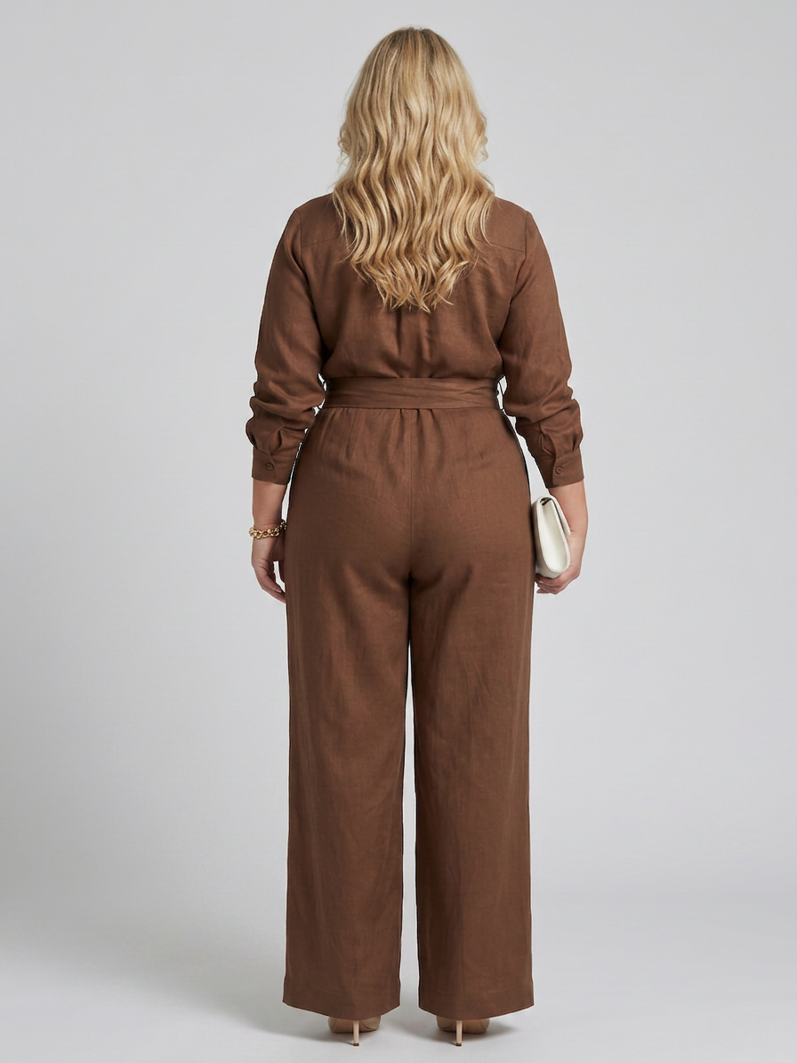 Jovie | Long Sleeve Button Front Wide Leg Jumpsuit - Plus size model