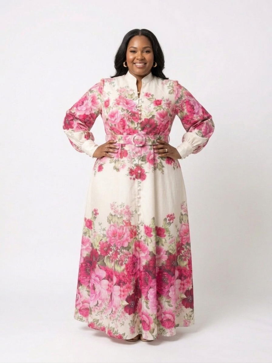 Kennedy | Long Sleeve Floral Belted Maxi Dress - Plus size model