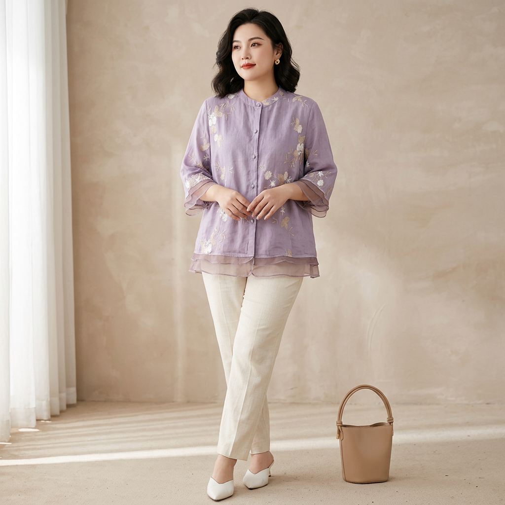 Lily - Pure Cotton Embroidered Shirt - Plus size model