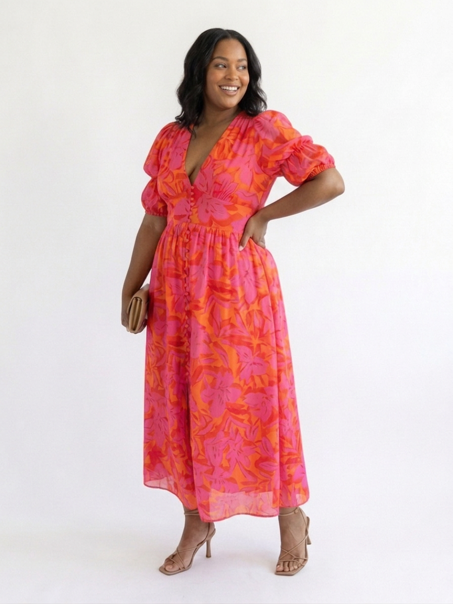Willow | Floral V Neck Puff Sleeve Midi Dress - Plus size model