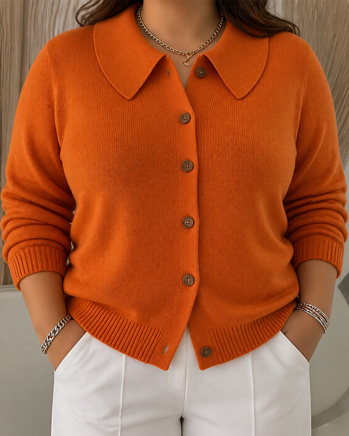 Vespera | Button Collar Cardigan - Plus size model