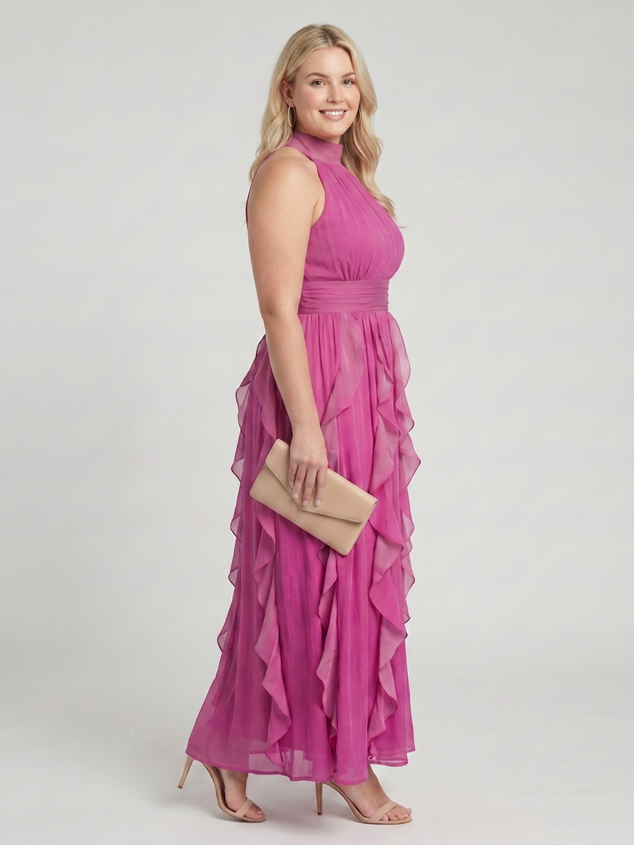 Orea | High Neck Gathered Ruffle Layers Maxi Dress - Plus size model