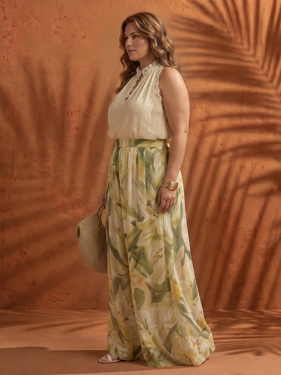 Solange | Halter Neck Blouse Floral Wide Leg Set - Plus size model