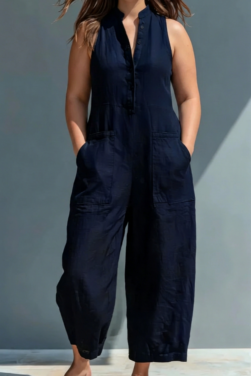 Melissa - Black Linen-Blend Collar Jumpsuit - Plus size model