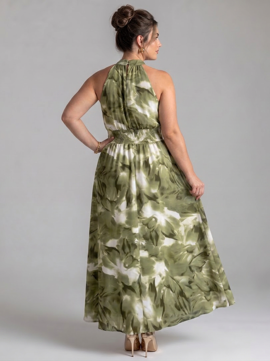 Olivia | Gathered Waist Abstract Print Midi Dress - Plus size model