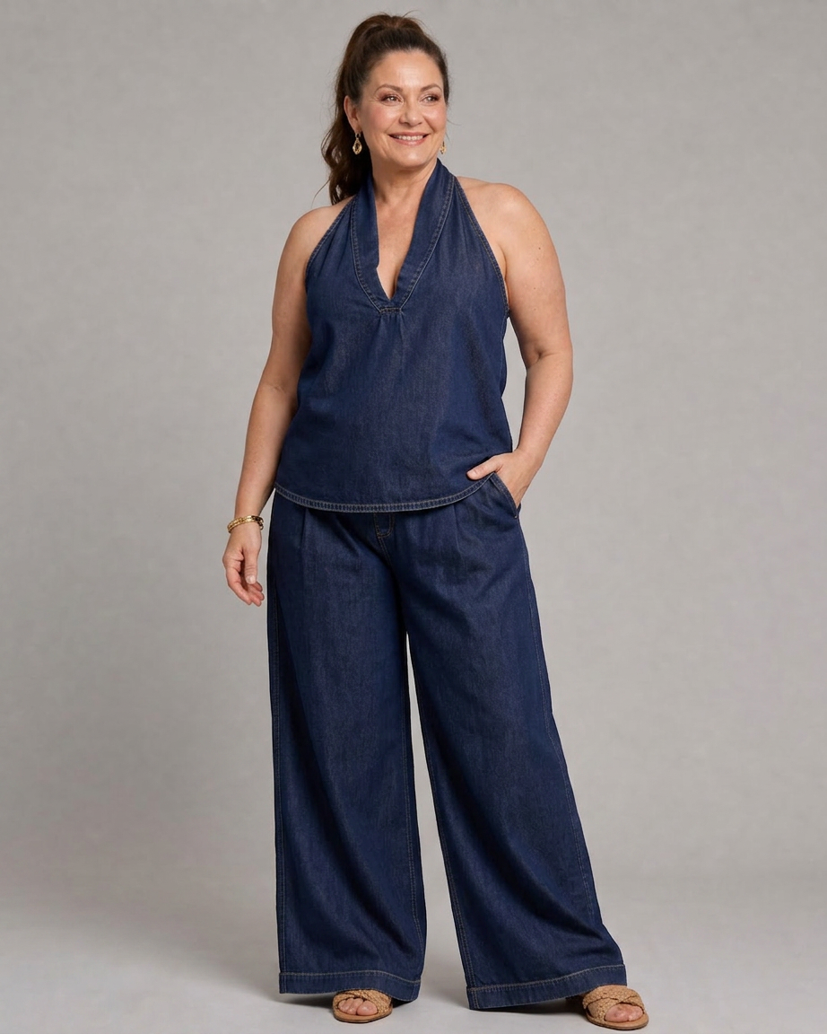 Zorelle | Halter Neck Denim Top And Wide Leg Pants Set - Plus size model