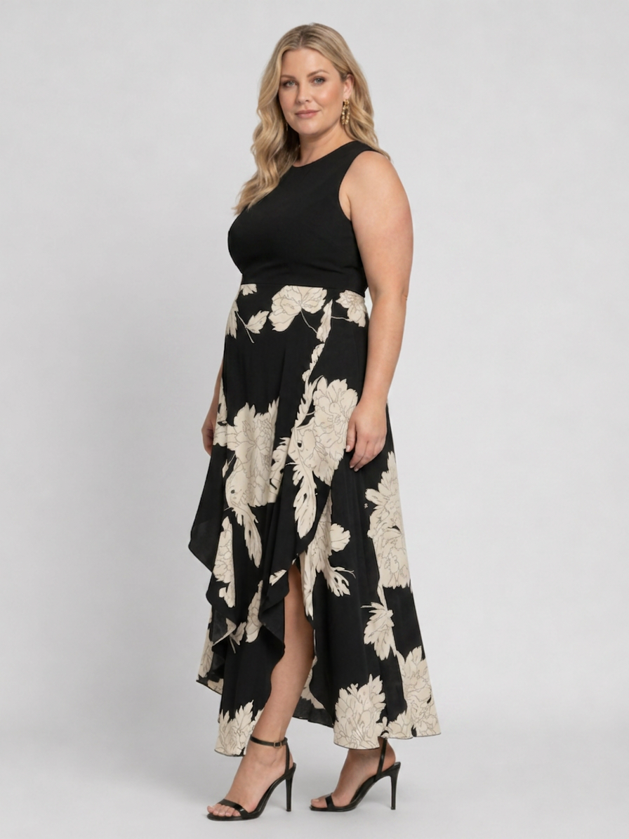 Klasen | Sleeveless Floral Print High Low Hem Midi Dress - Plus size model