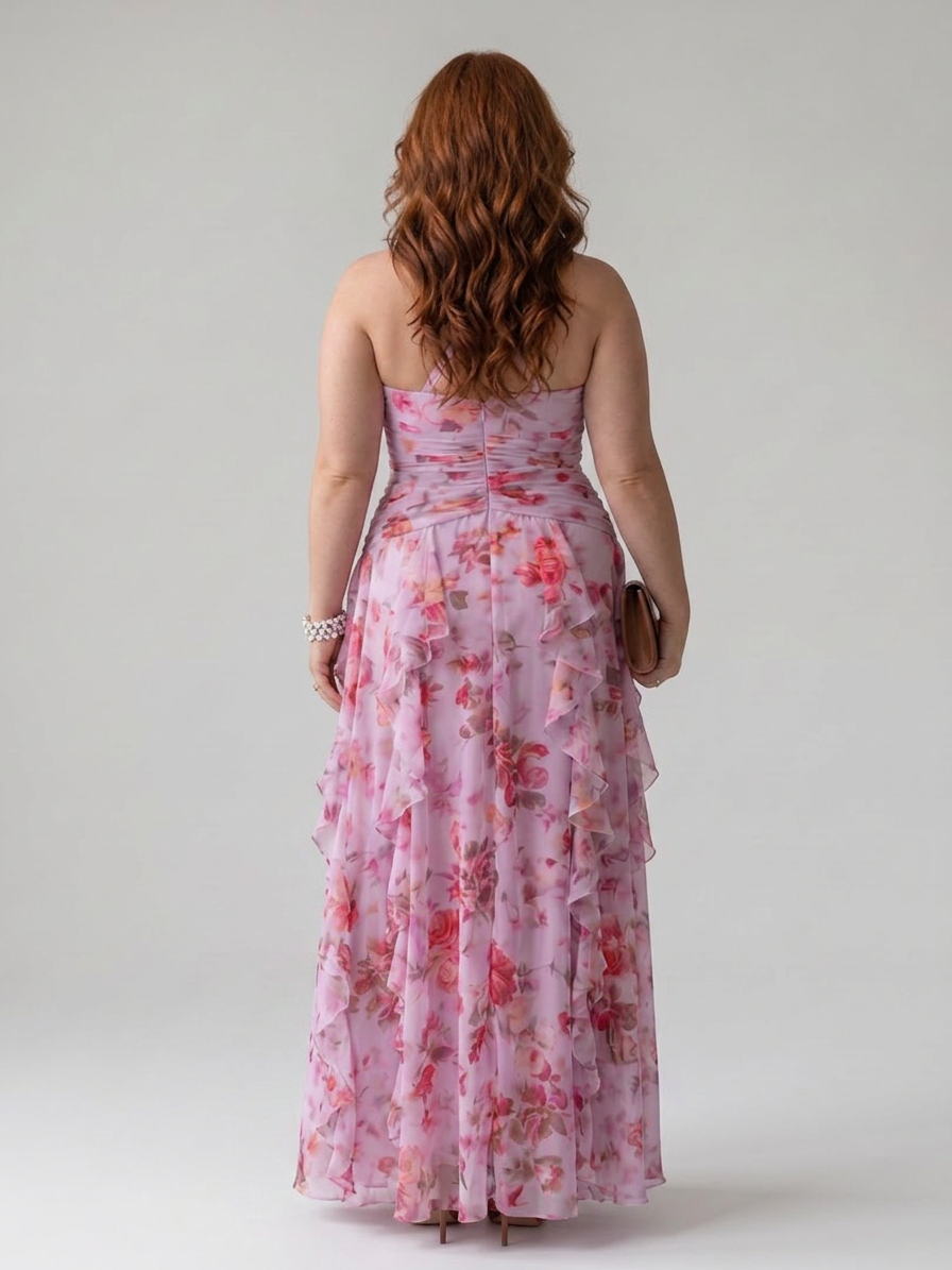 Nori | Halter Neck Ruched Bodice Floral Maxi Dress - Plus size model