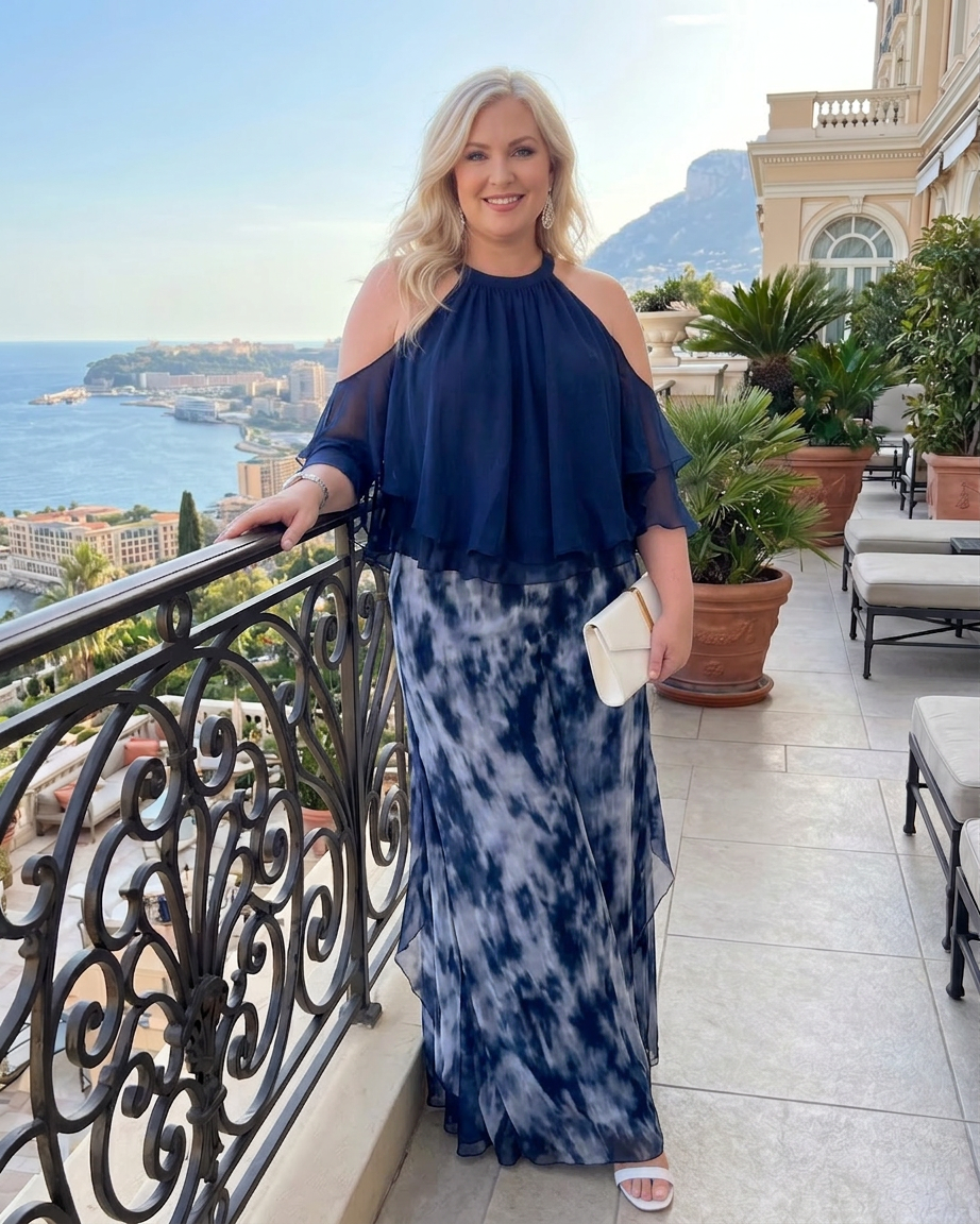 Xylara | Layered Halter Neck Printed Wide Leg Set - Plus size model
