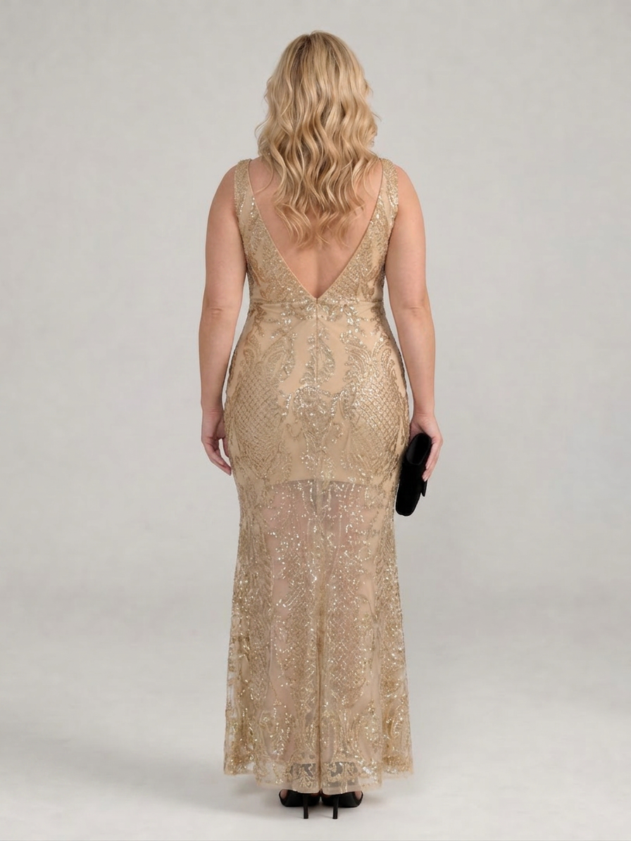 Sirea | Sequin Sleeveless Sheer Panel Midi Dress - Plus size model