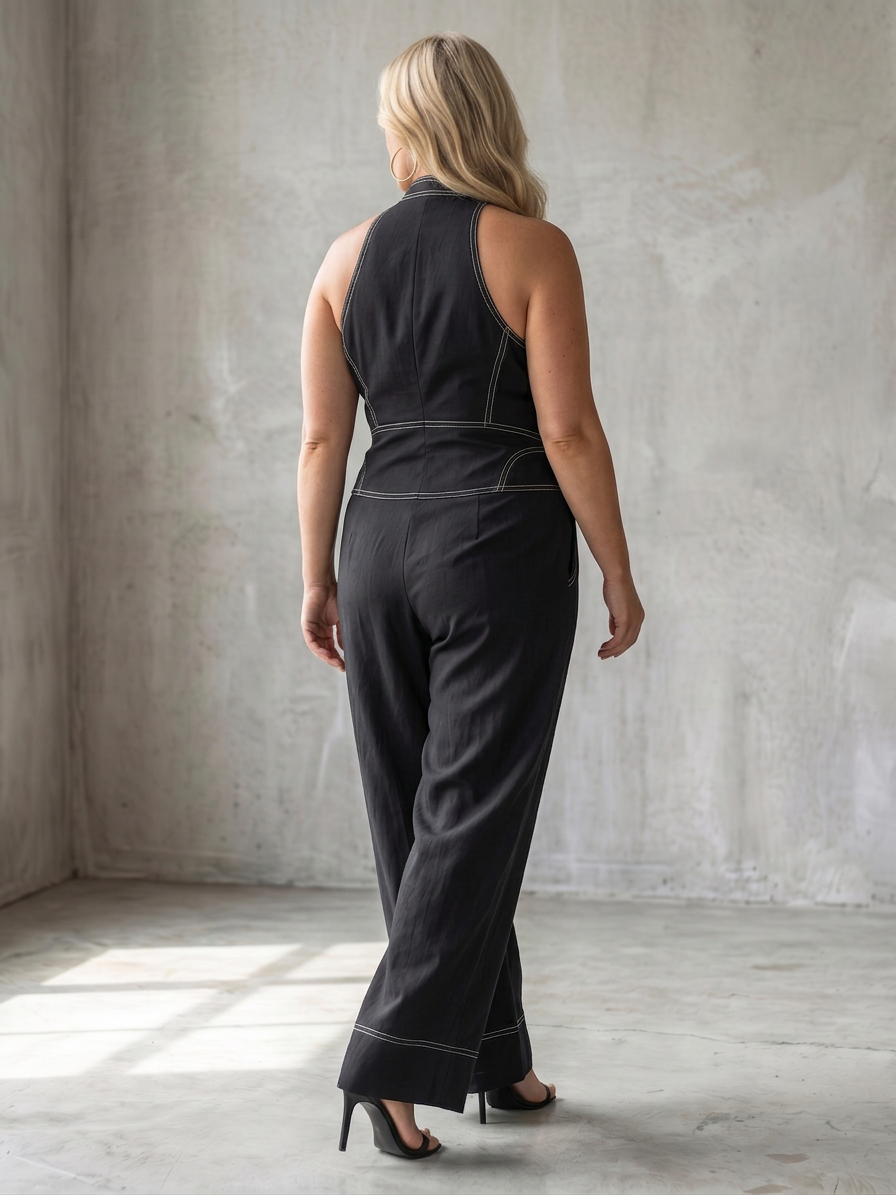 Dara | Zip Front Contrast Stitch Wide Leg Jumpsuit - Plus size model