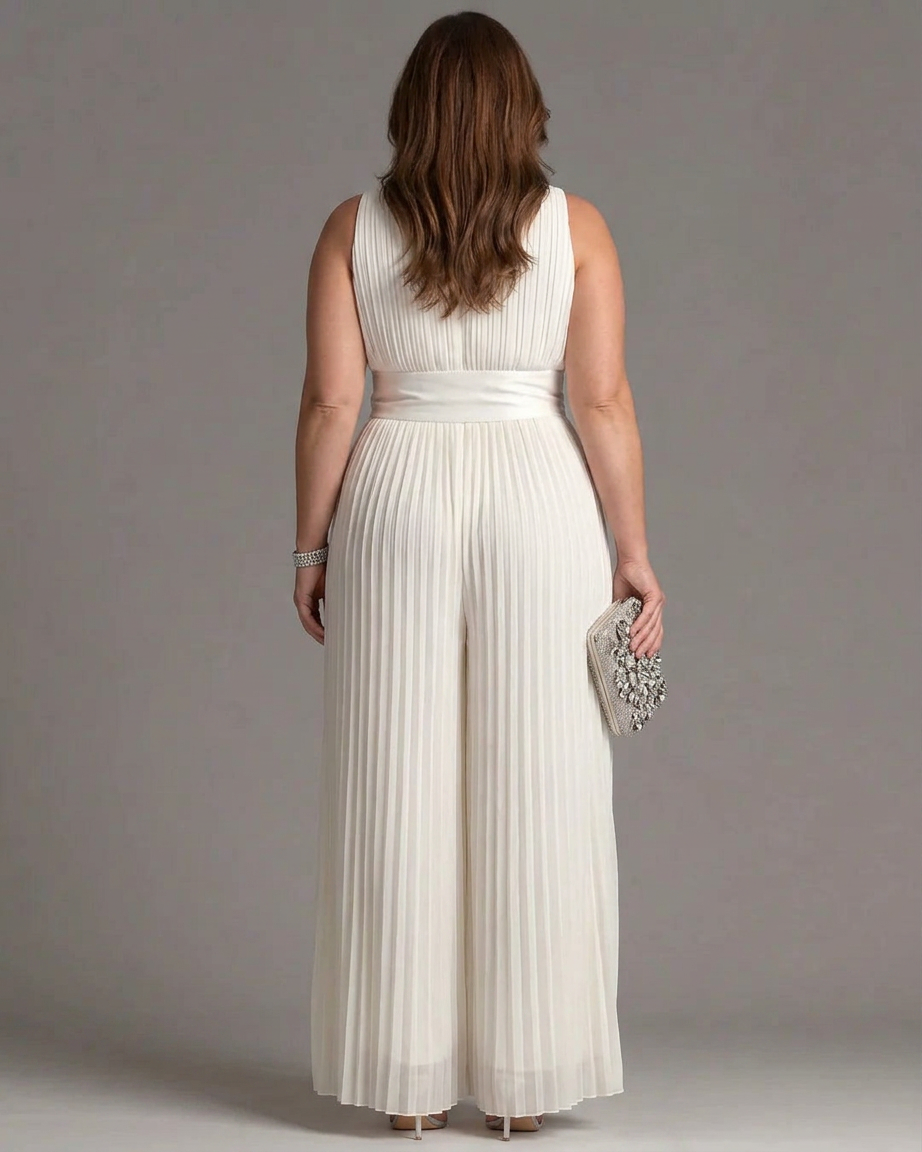 White sleeveless chiffon jumpsuit with V-neck, zip, and pleated wide-leg pants - Plus size model
