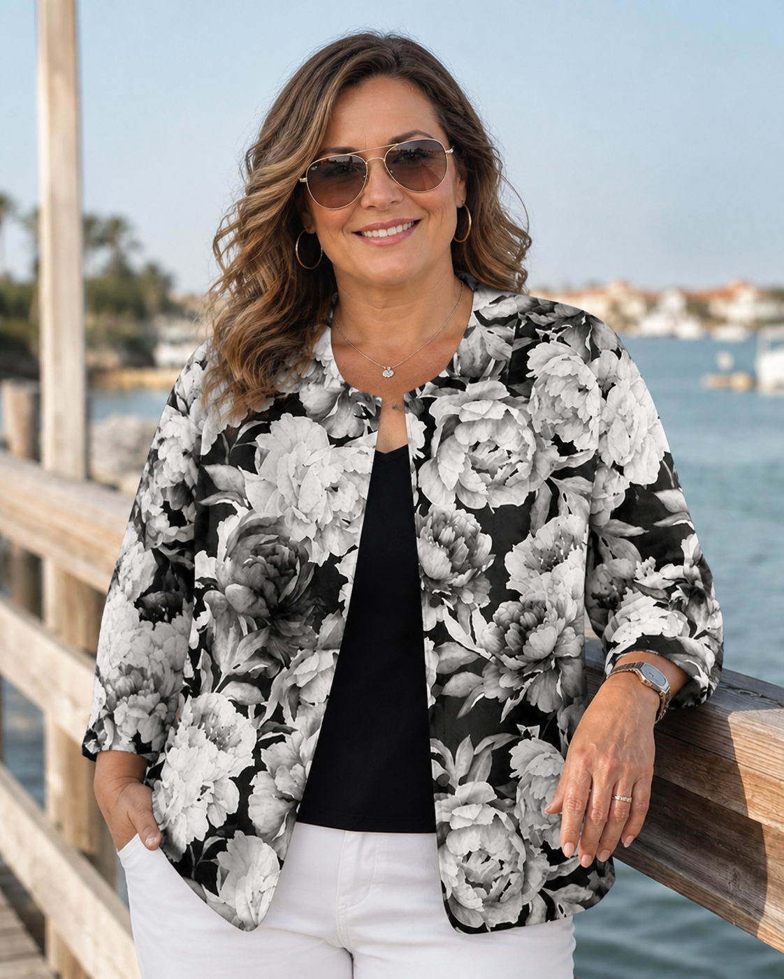 Gloria | Monochrome Floral Relaxed Open Shirt - Plus size model