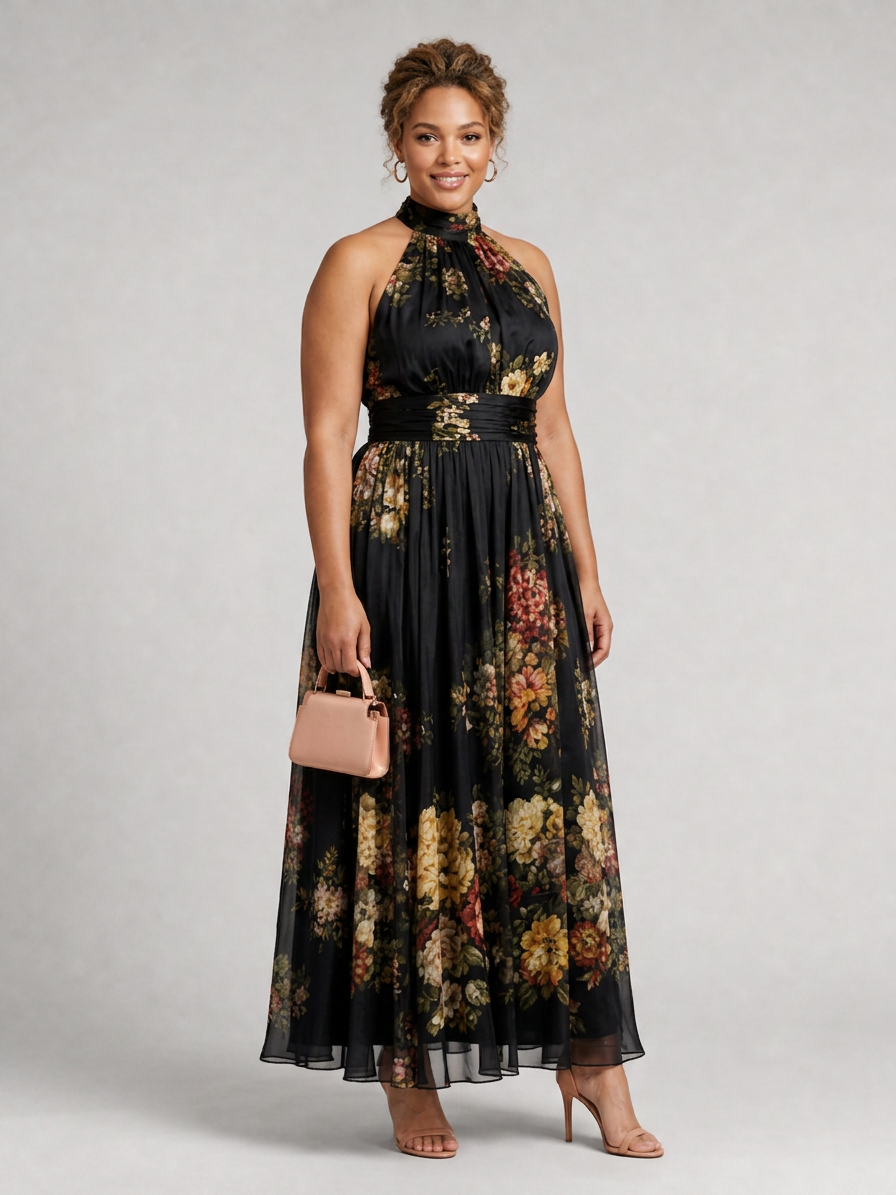 Sior | Floral Halter Neck Midi Dress - Plus size model