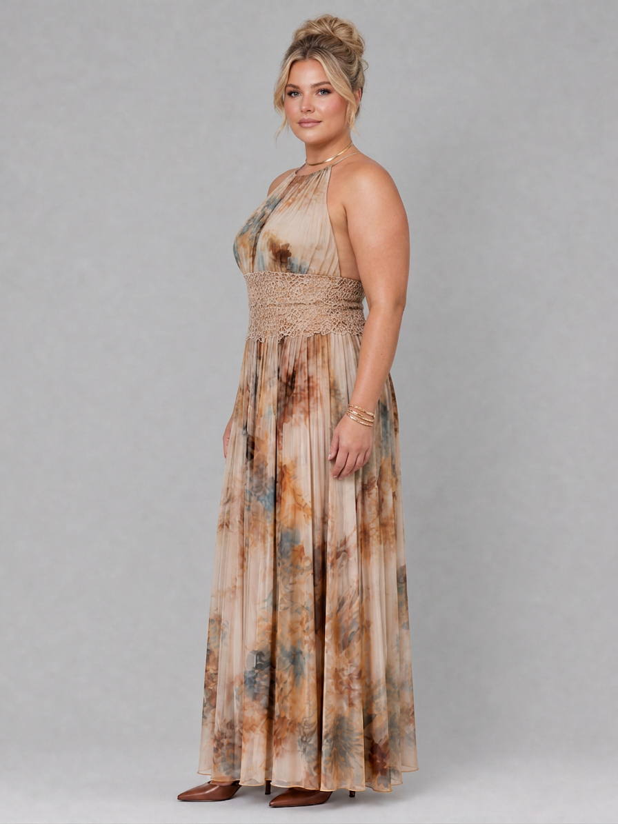 Elavenue | Halter Neck Lace Waist Maxi Dress - Plus size model