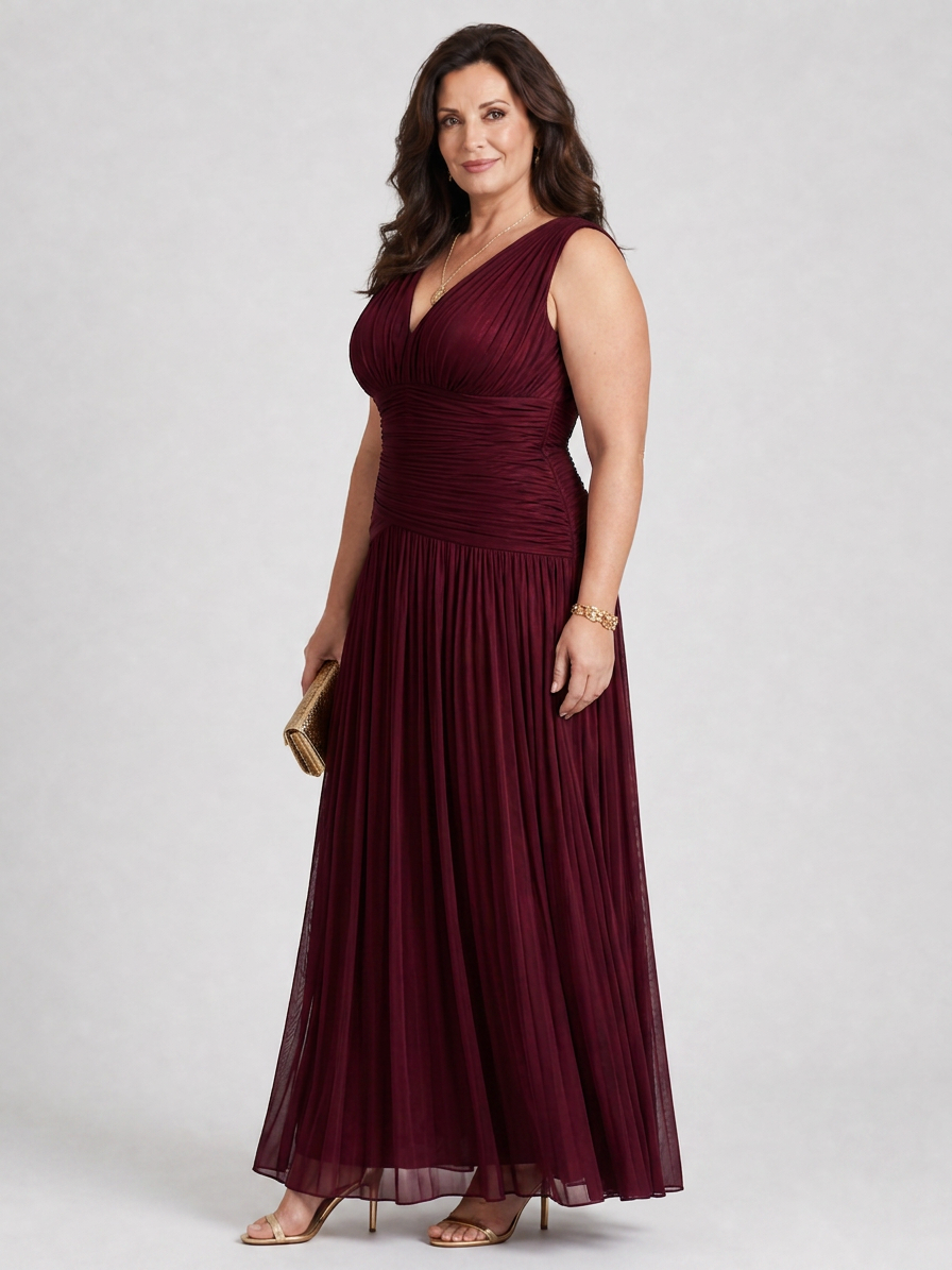 Lemar | Sleeveless Pleated V Neck Midi Dress - Plus size model