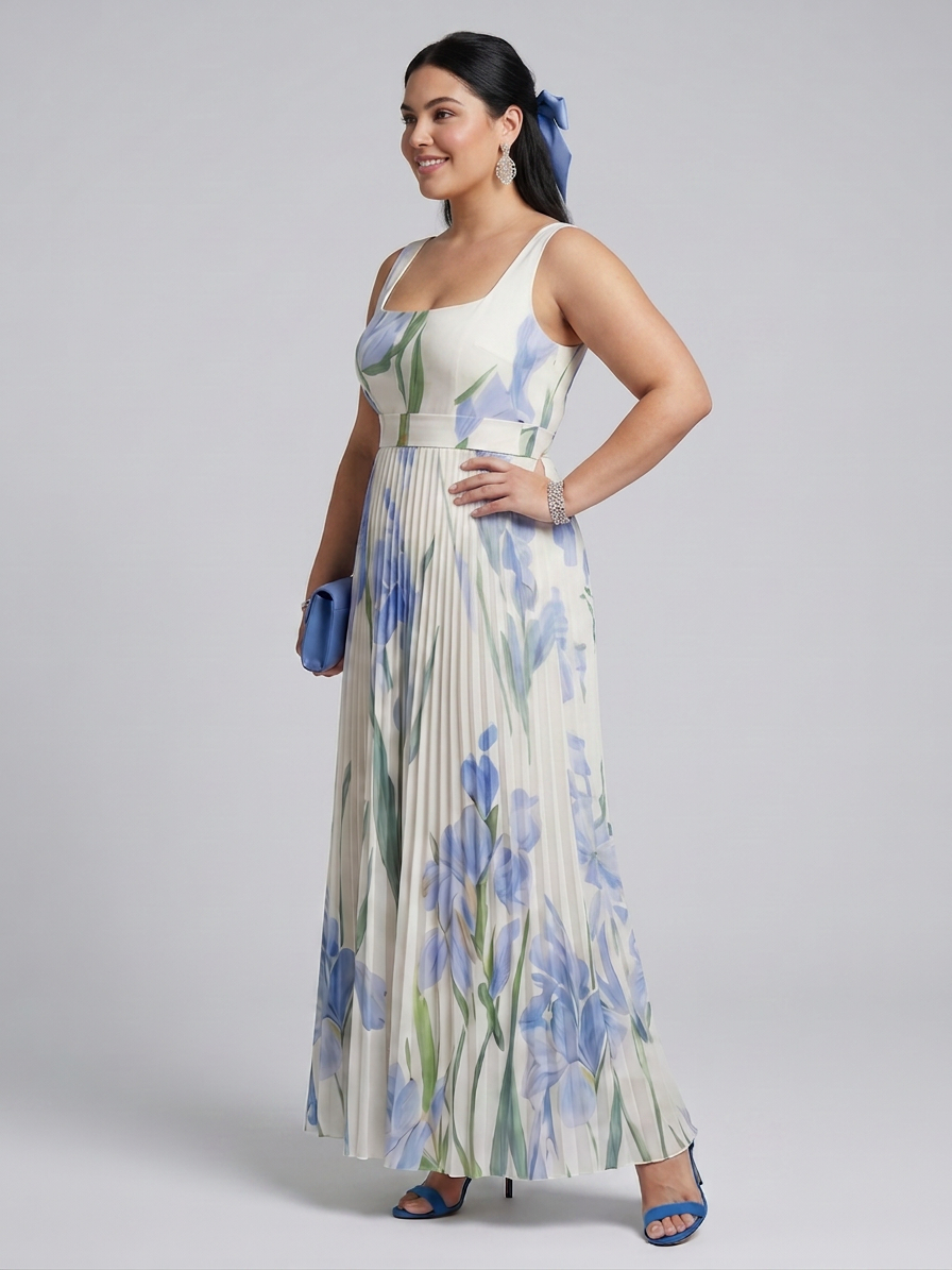 Ophelia | Sleeveless Square Neck Floral Print Midi Dress - Plus size model
