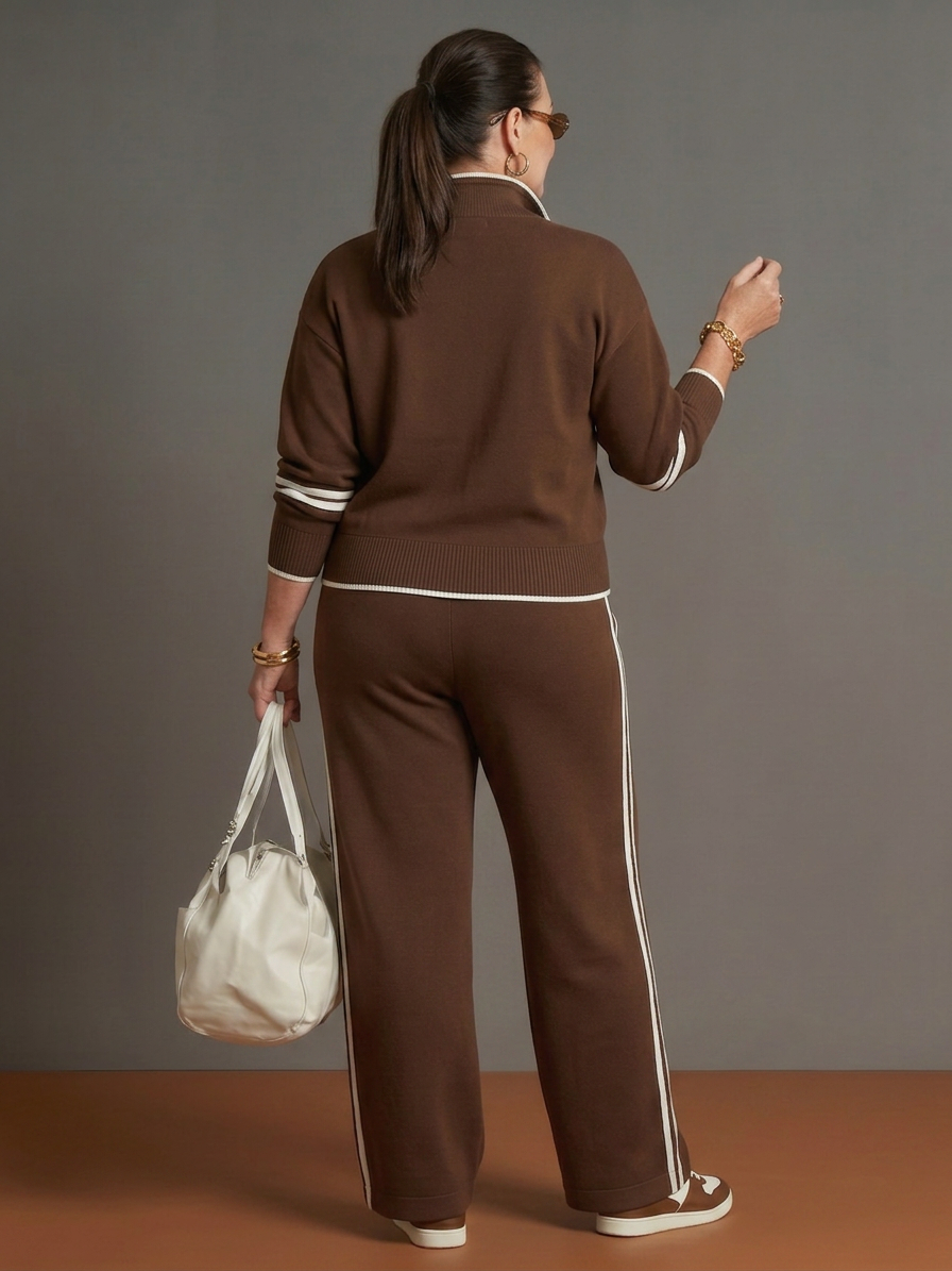 Rain | Zip Neck Long Sleeve Side Stripe Leg Pants Set - Plus size model
