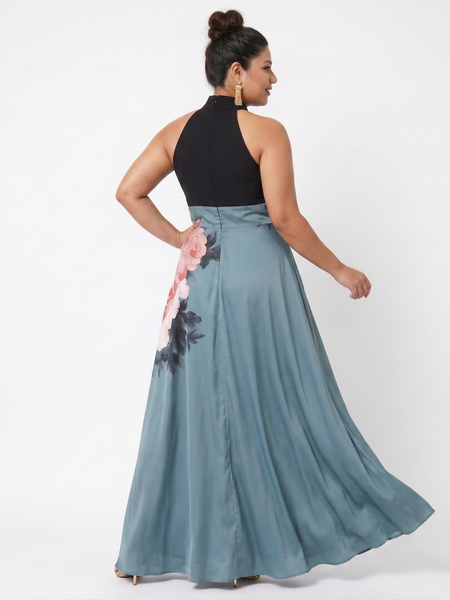 Olympas | Halter Bodice Floral Skirt Maxi Dress - Plus size model