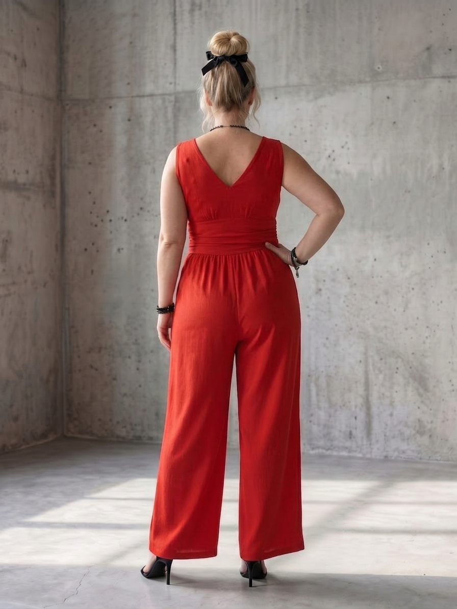 Vincenza | Deep V Waist Defined Wide Leg Jumpsuit - Plus size model
