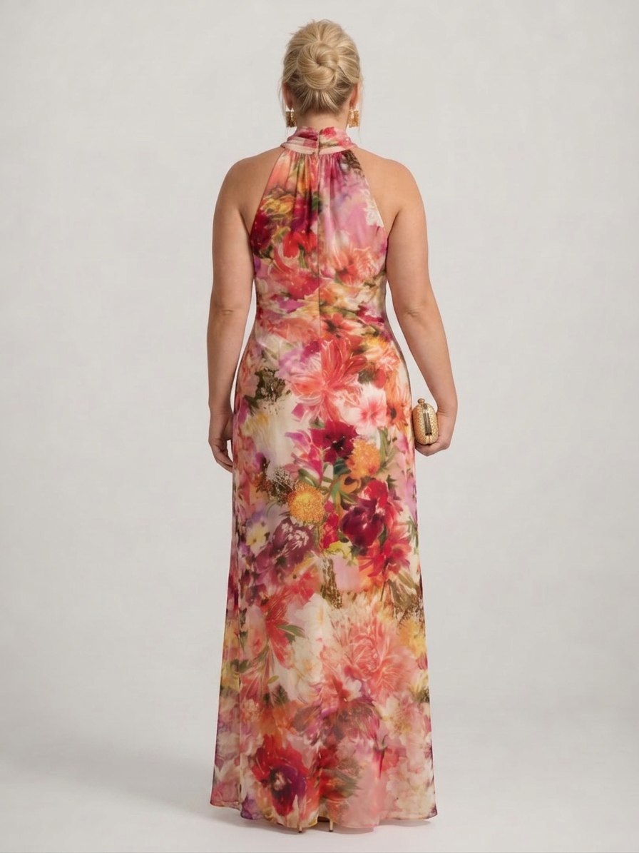 Elisabetta | Halter Neck Floral Print Maxi Dress - Plus size model