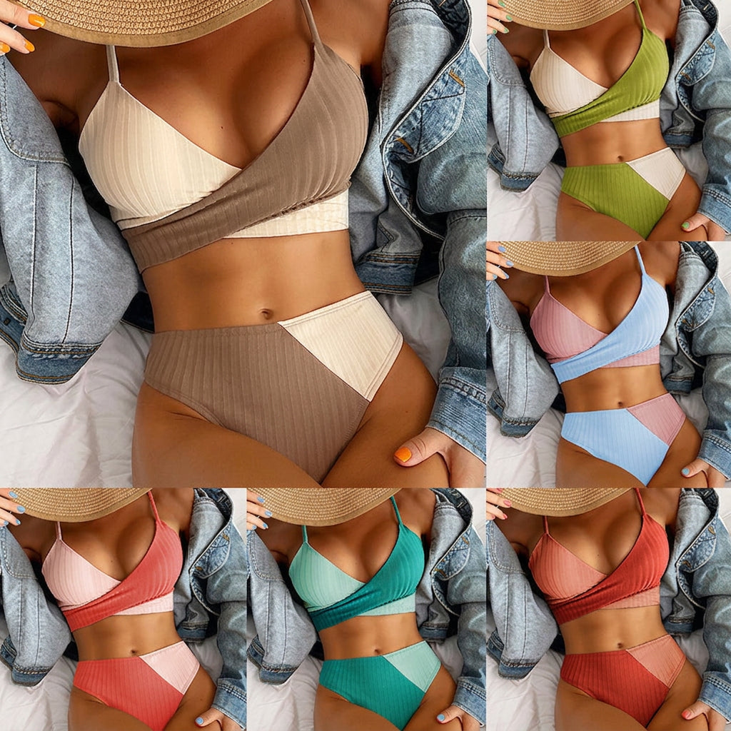 Colorblock Ribbed Cross-Wrap Bikini Set - Plus size model
