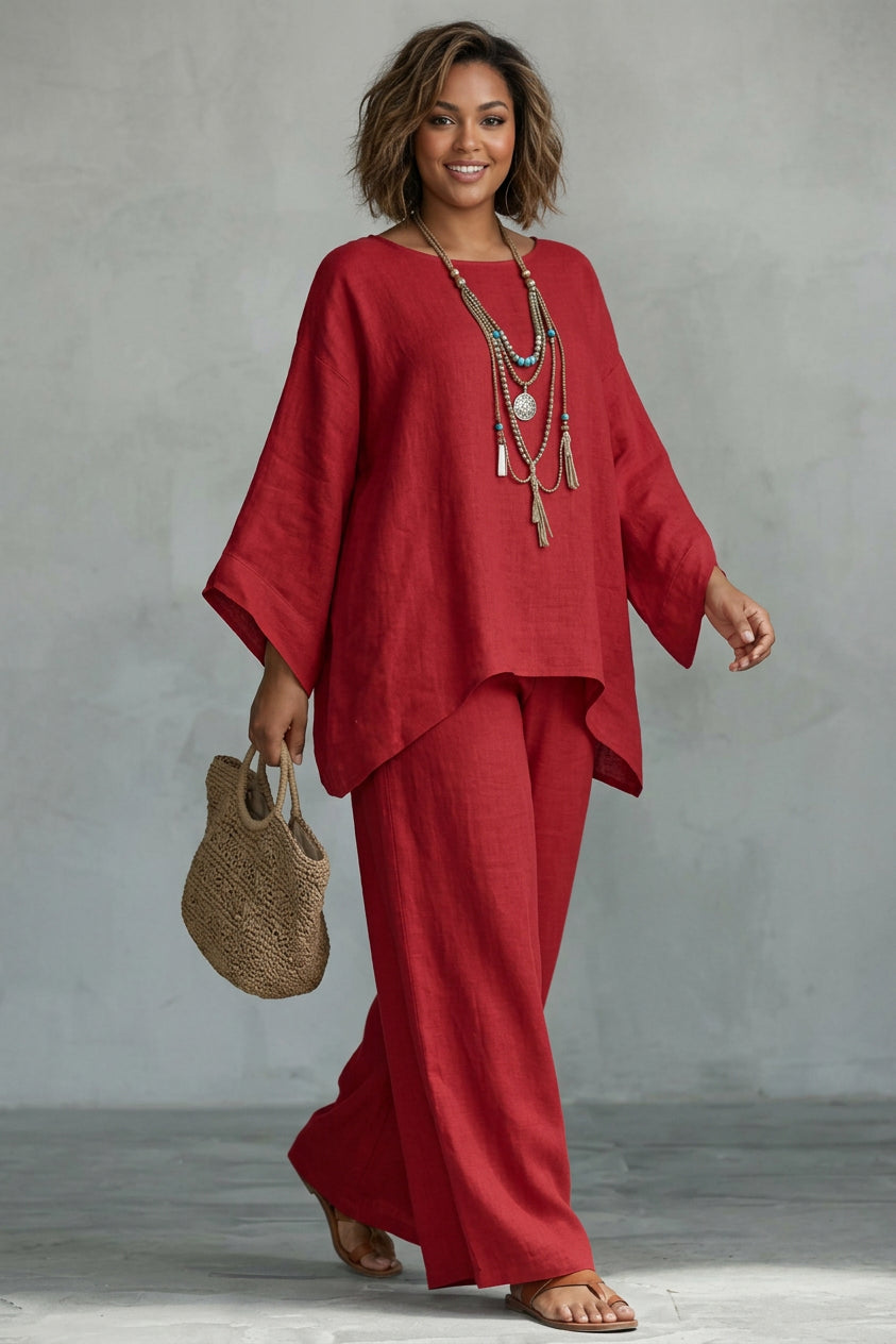 Briar - Linen-Style Oversized Top + Slit Wide-Leg Pants Set - Plus size model