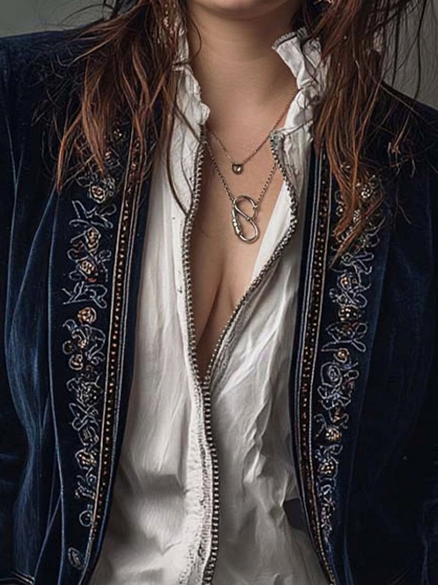Women’s Vintage Navy Embroidered Longline Jacket - Plus size model