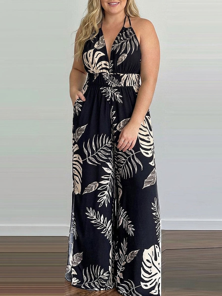 Everly - Sling Leaf Print Jumpsuit - Plus size model