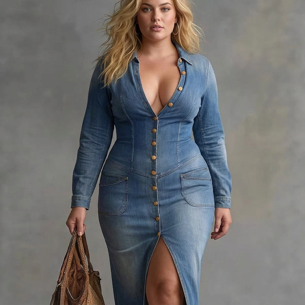 Paisley Maxi Denim Dress - Plus size model