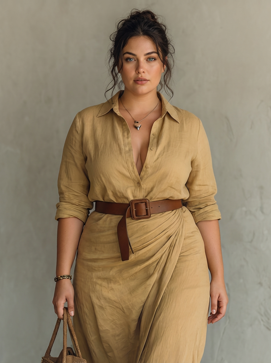 Long Maxi Dress with Notched Collar and Long Sleeves for Women - Plus size model