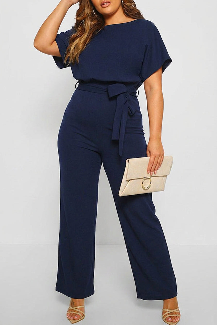 Delaney - Summer button tie short sleeved Jumpsuit - Plus size model