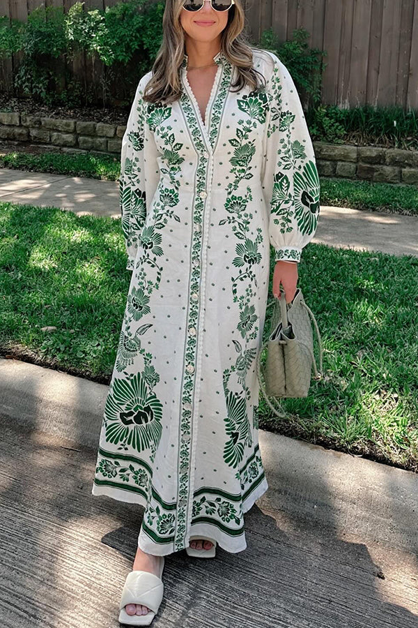 Angela - Unique Print Button Down Long Sleeve Shirt Maxi Dress