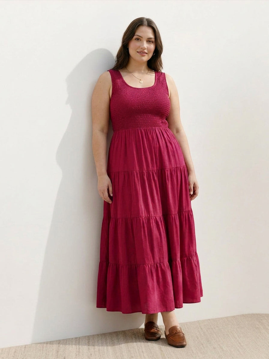 Zoe - Smocked Sleeveless Maxi Dress - Plus size model