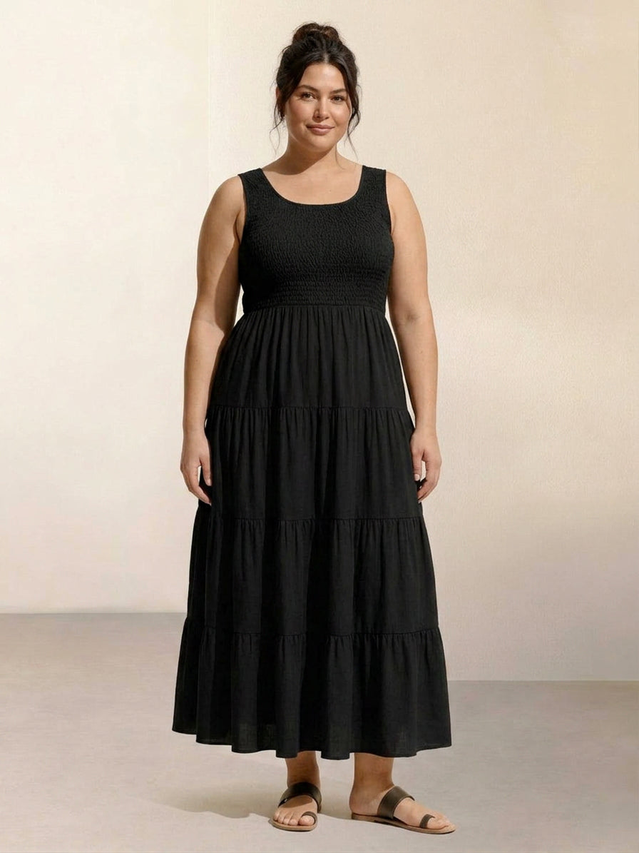 Zoe - Smocked Sleeveless Maxi Dress - Plus size model