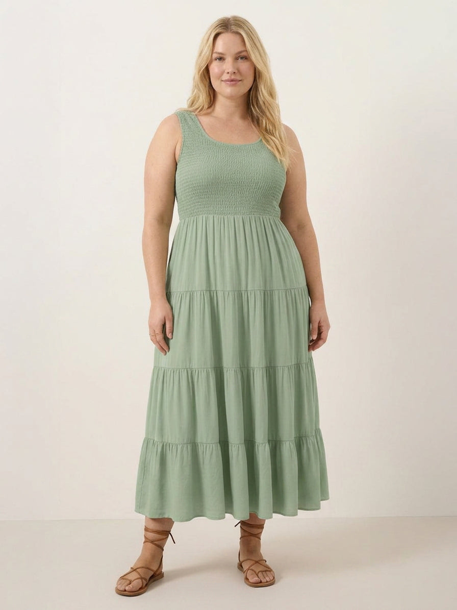 Zoe - Smocked Sleeveless Maxi Dress - Plus size model