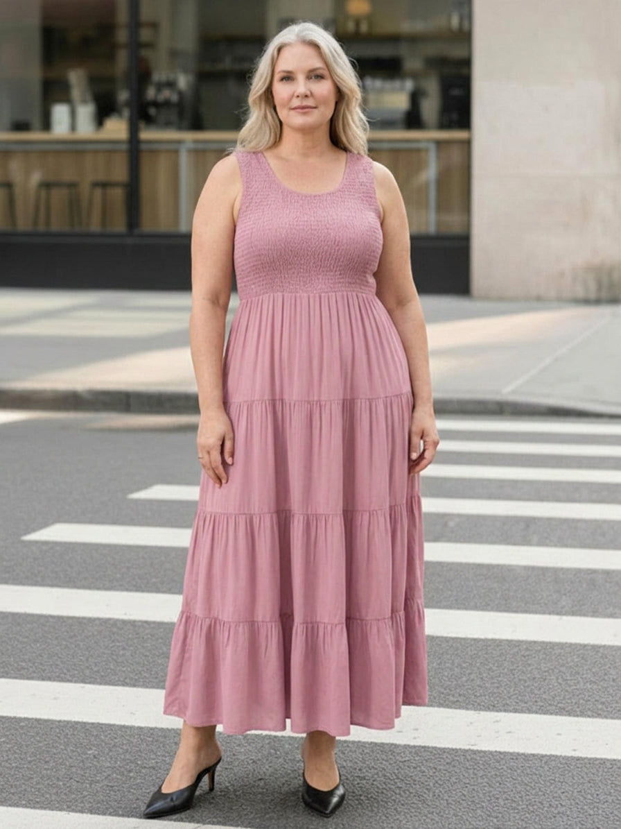 Zoe - Smocked Sleeveless Maxi Dress - Plus size model