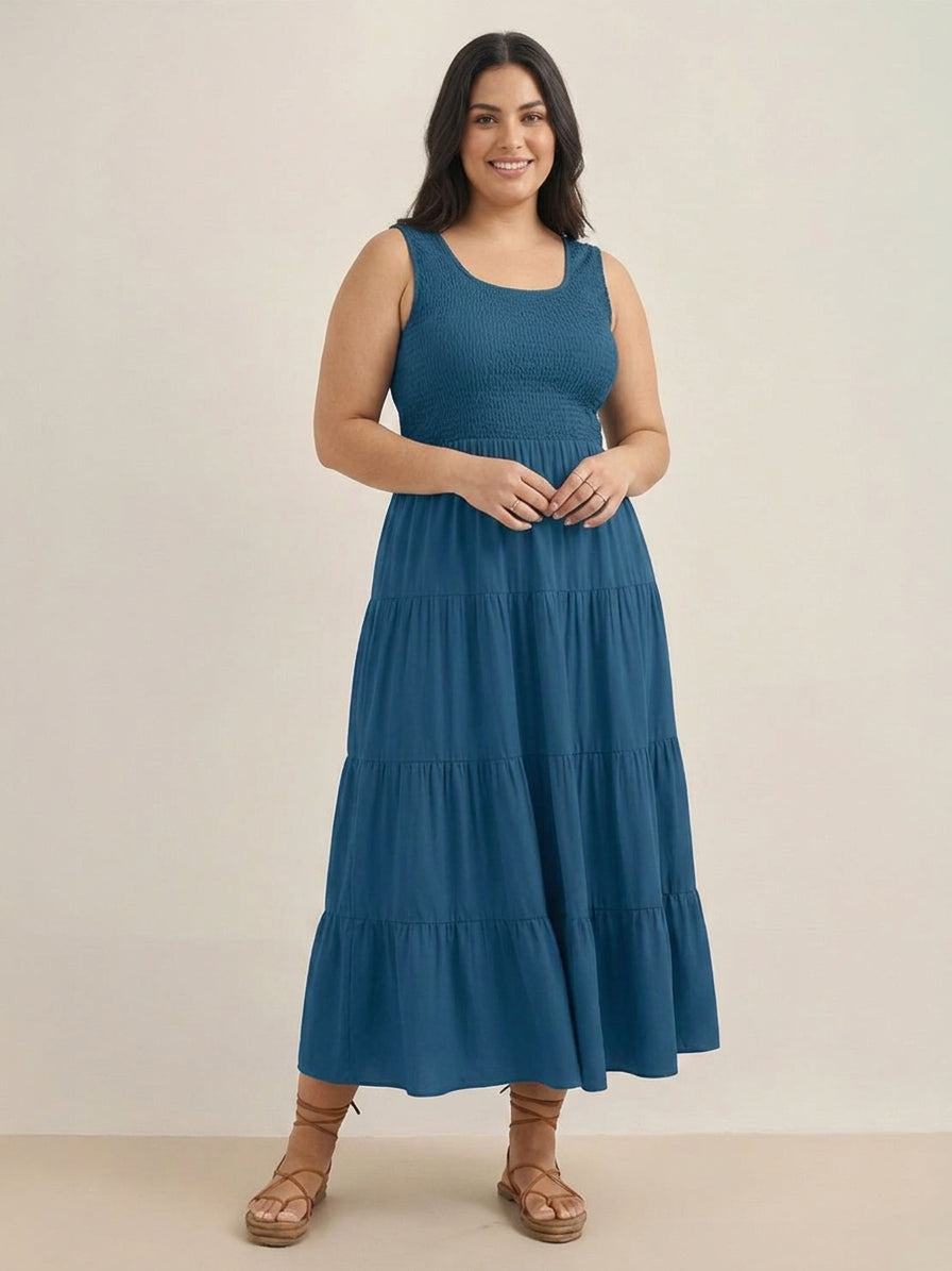 Zoe - Smocked Sleeveless Maxi Dress - Plus size model