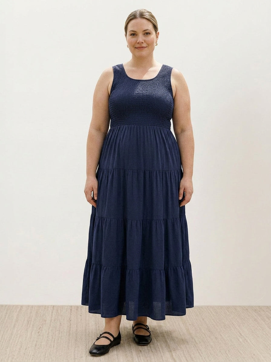 Zoe - Smocked Sleeveless Maxi Dress - Plus size model