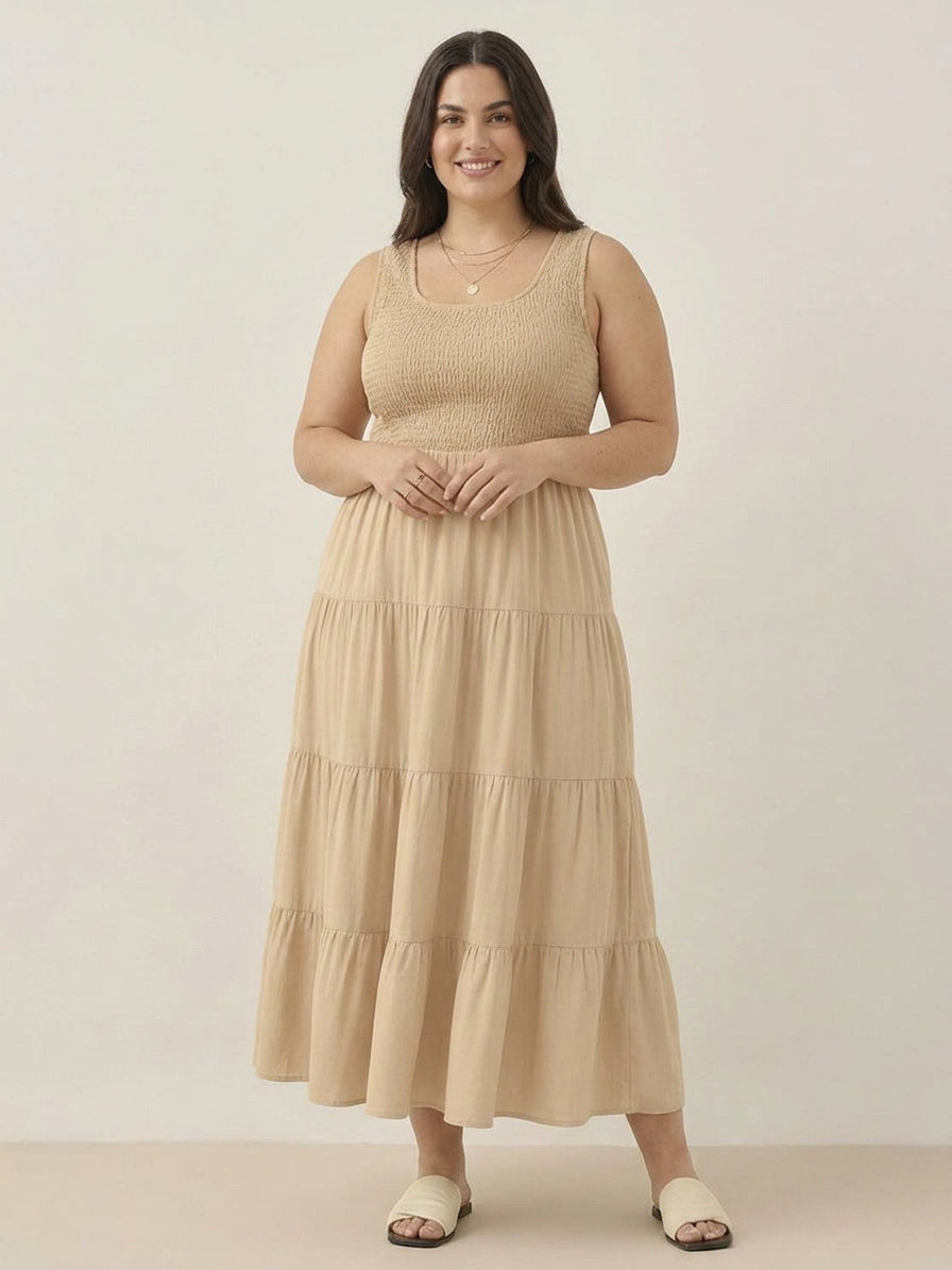 Zoe - Smocked Sleeveless Maxi Dress - Plus size model
