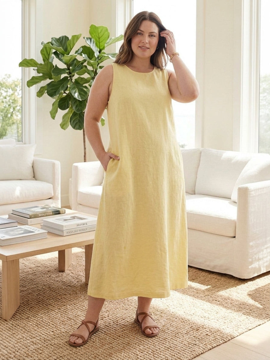 Ella - Cotton Linen Sleeveless Dress - Plus size model